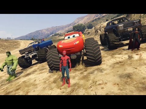 Lightning McQueen Monster Trucks Cars Racing with Superheroes Spiderman Superman Batman Hulk