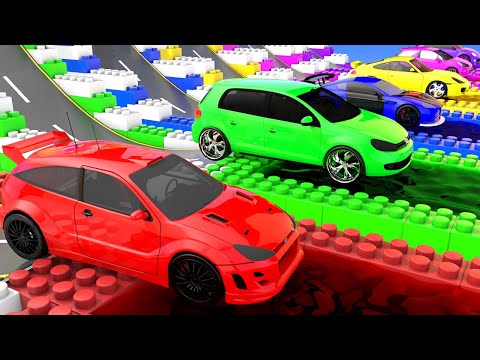 LEGO Building Blocks Sliders and Mini Sports Cars Drive and Parking 3D Animation Gameplay