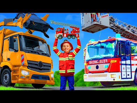 Kids Pretend Play with a Real Garbage Truck, Excavator, Trains & Fire Trucks