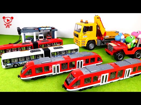 Train, tram, bus, police car, tow truck, toy vehicles