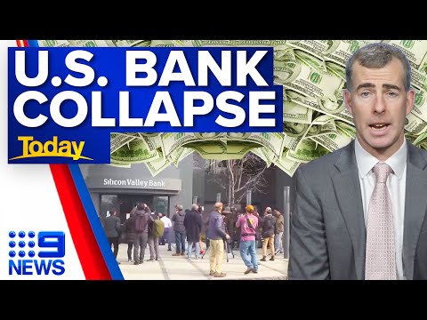 Huge lines form outside US bank after collapse | 9 News Australia