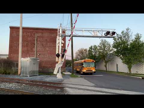 Blue Bird All American School Bus Stops At Railroad Crossing